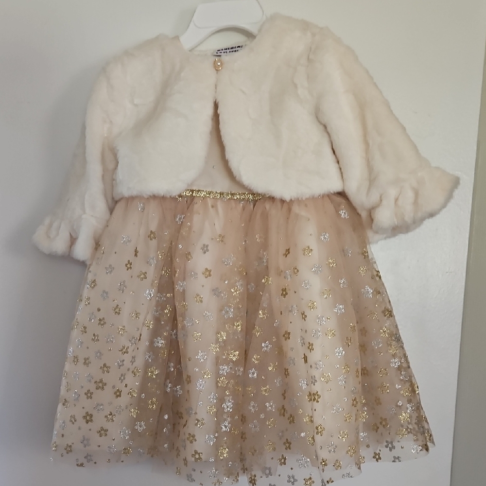 Cream Faux Fur Jacket and Gold Star Dress